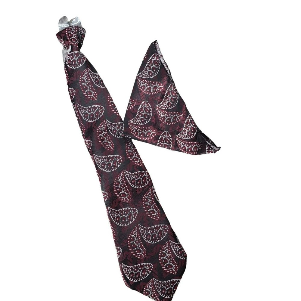 Carolina Bay Burgundy Red Paisley Polyester Men's Tie‎ And Pocket Hankerchief
